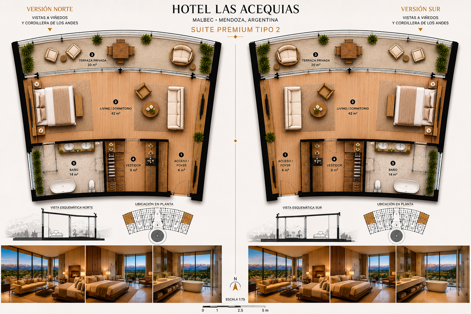 Plantas y vistas de las suites premium tipo 2 norte y sur